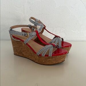 Kate Spade Red White Blue Striped Cork Wedge Sandals Size 6.5